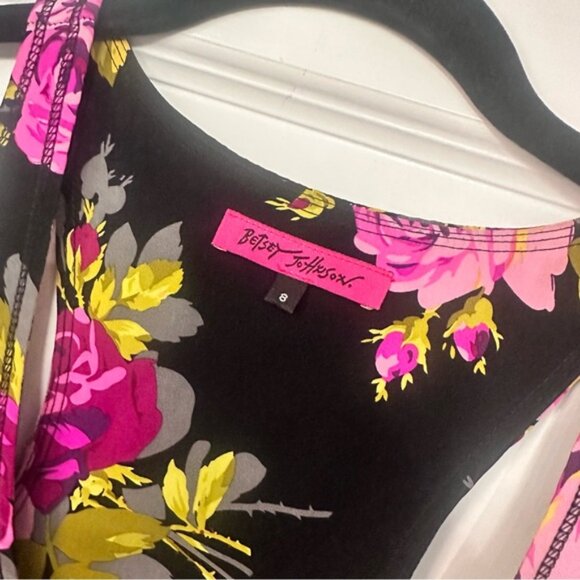 Vintage Betsey Johnson Women’s Black & Pink Floral Satin Dress Size 8 - Picture 7 of 9